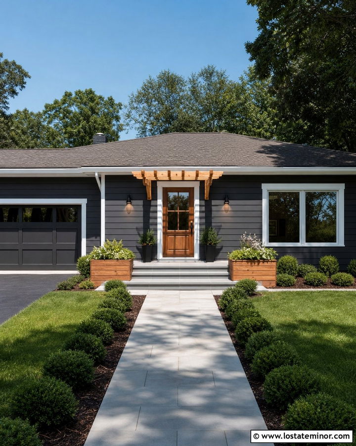 Charcoal Grey House With Pergola Over Front Door - 30 Charcoal Grey House Design With Pergola Ideas