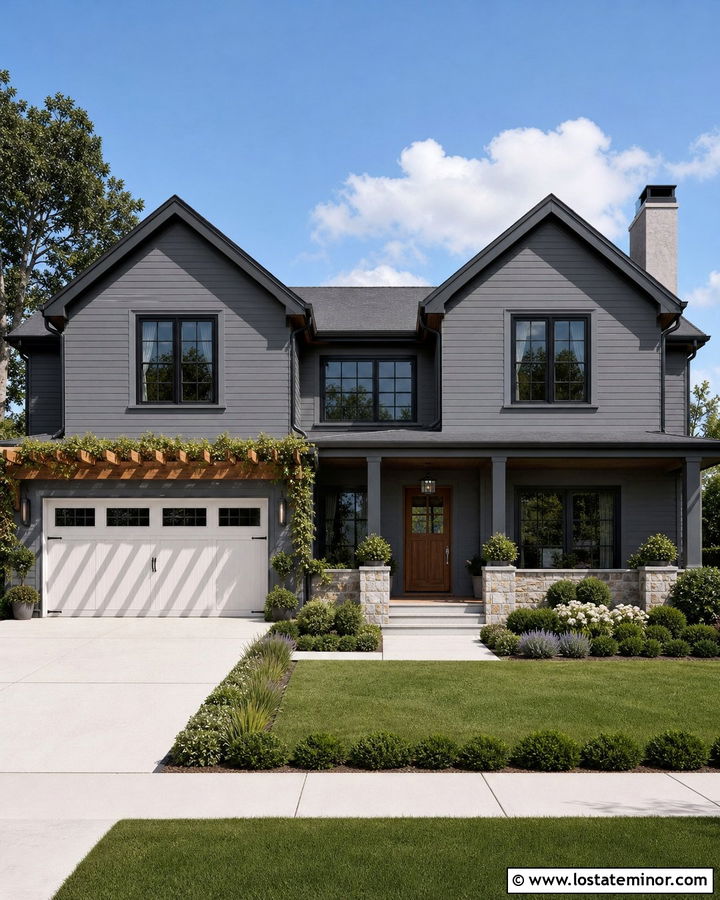 Charcoal Grey House With Pergola Over Garage - 30 Charcoal Grey House Design With Pergola Ideas