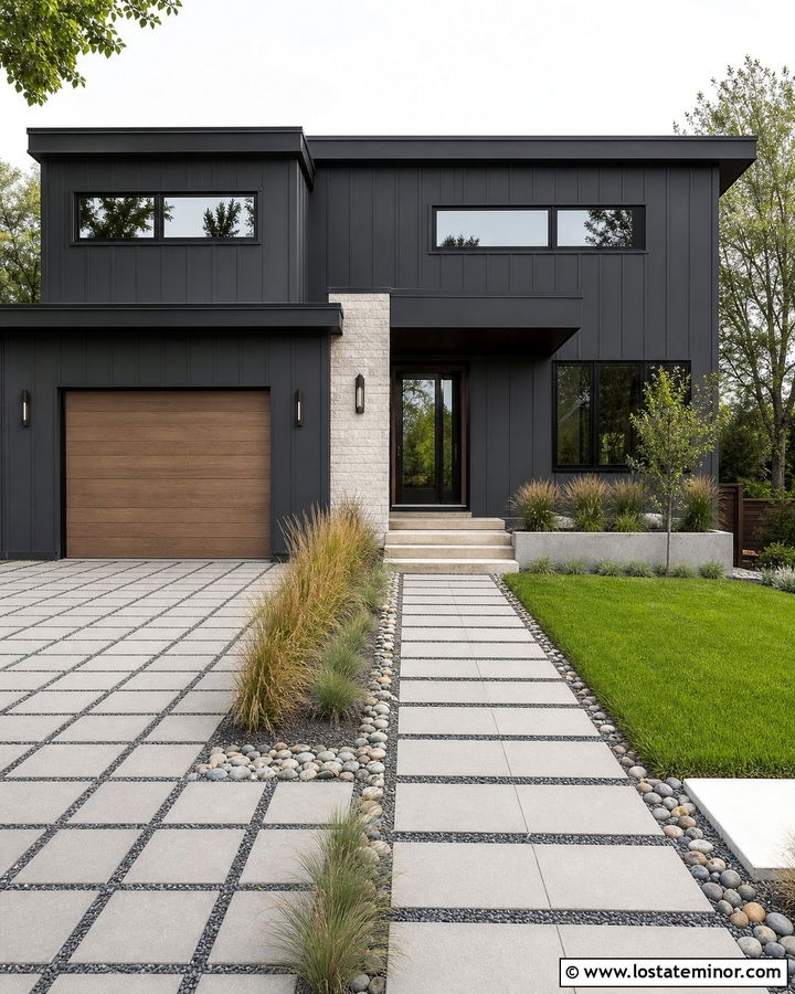 Charcoal Grey House With Permeable Paver Driveway - 30 Charcoal Grey House Design With Driveway Ideas