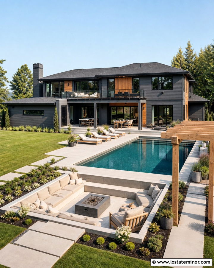 Charcoal Grey House With Pool And Sunken Lounge - 30 Charcoal Grey House Design With Swimming Pool Ideas