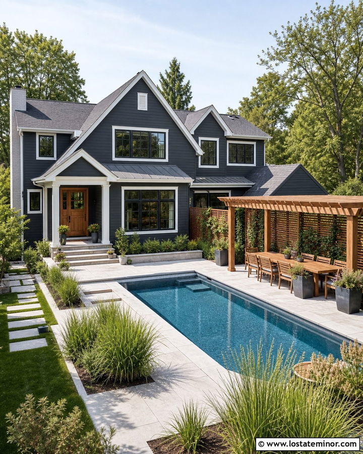 Charcoal Grey House With Poolside Pergola - 30 Charcoal Grey House Design With Swimming Pool Ideas