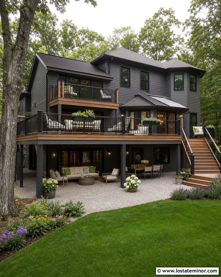 Charcoal Grey House With Raised Deck - 30 Charcoal Grey House Design With Backyard Ideas