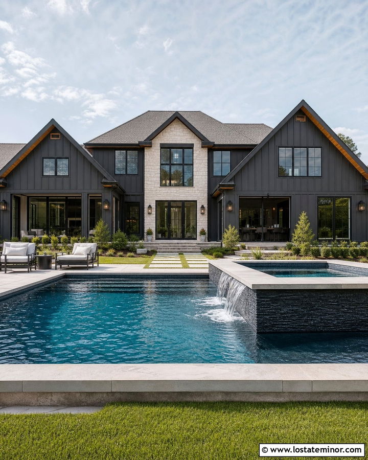 Charcoal Grey House With Raised Spa And Waterfall - 30 Charcoal Grey House Design With Swimming Pool Ideas