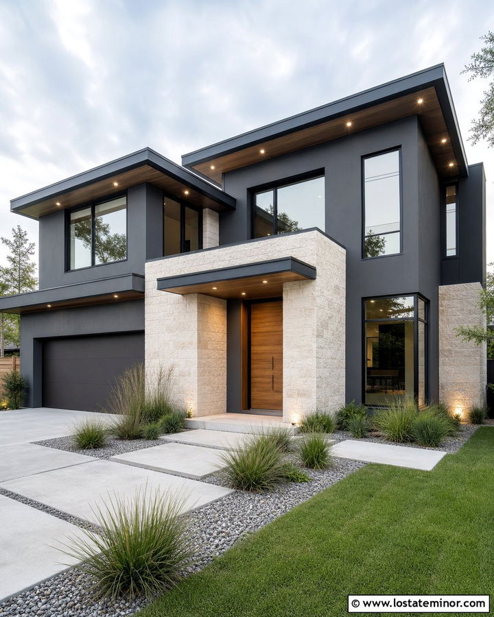 Charcoal Grey House With Recessed Soffit Lighting - 30 Charcoal Grey House Design With Lighting Ideas