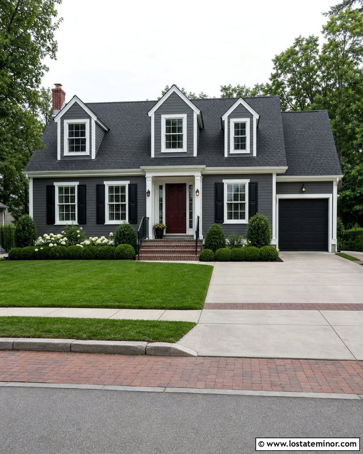 Charcoal Grey House With Red Brick Driveway Apron - 30 Charcoal Grey House Design With Driveway Ideas