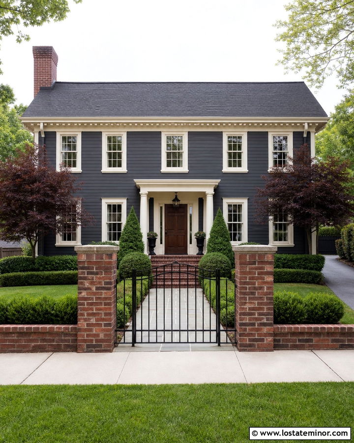 Charcoal Grey House With Red Brick Fence - 30 Charcoal Grey House Design With Fence Ideas