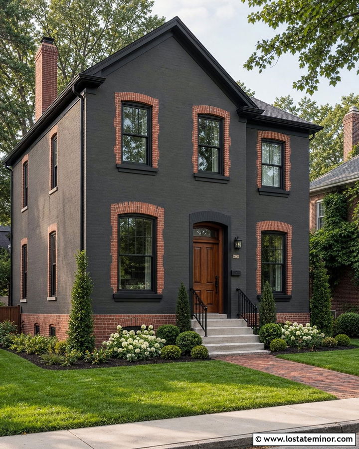 Charcoal Grey House With Red Brick Window Surrounds - 30 Charcoal Grey House Design With Window Frames Ideas