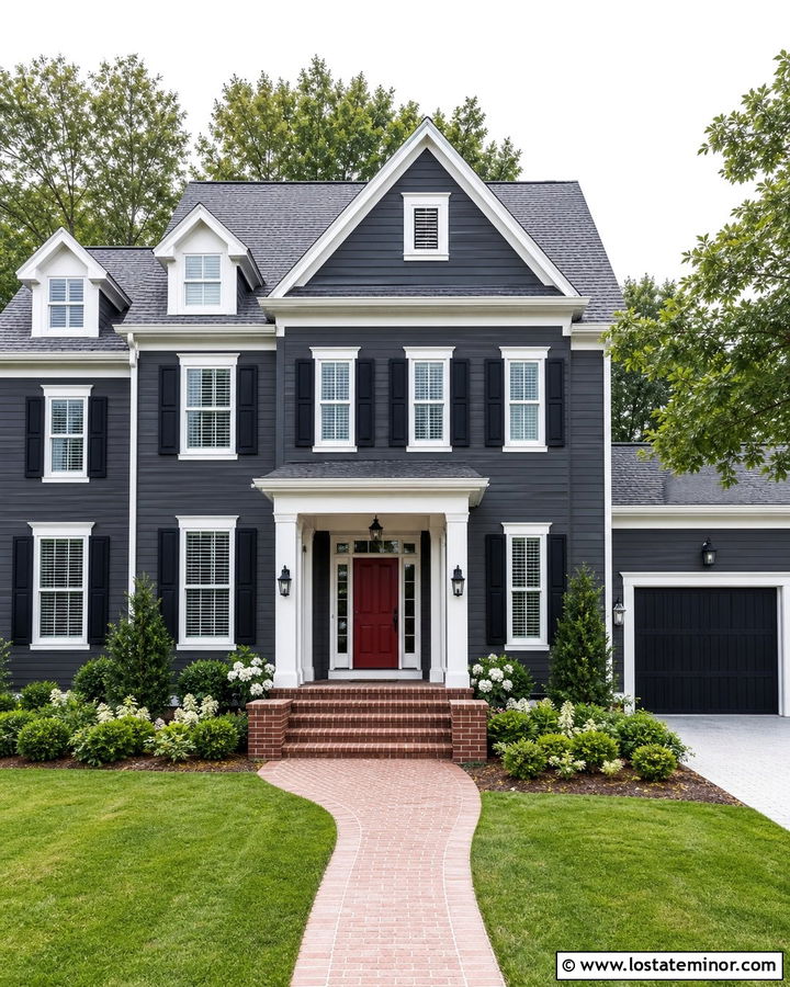 Charcoal Grey House With Red Door And Coach Lights - 30 Charcoal Grey House Design With Light Fixtures Ideas