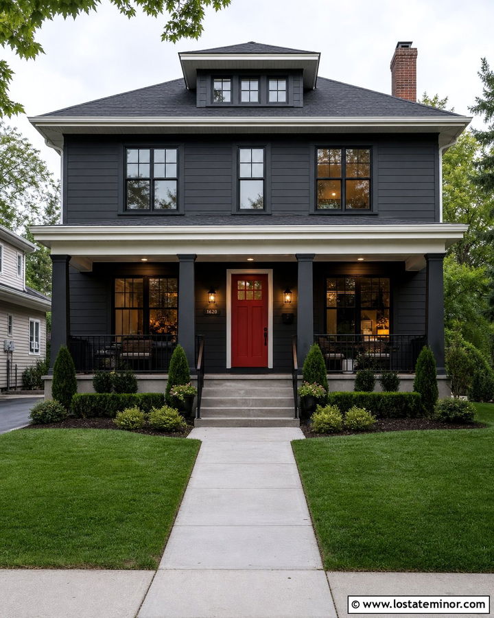 Charcoal Grey House With Red Front Door And Black Railings - 30 Charcoal Grey House Design With Railings Ideas