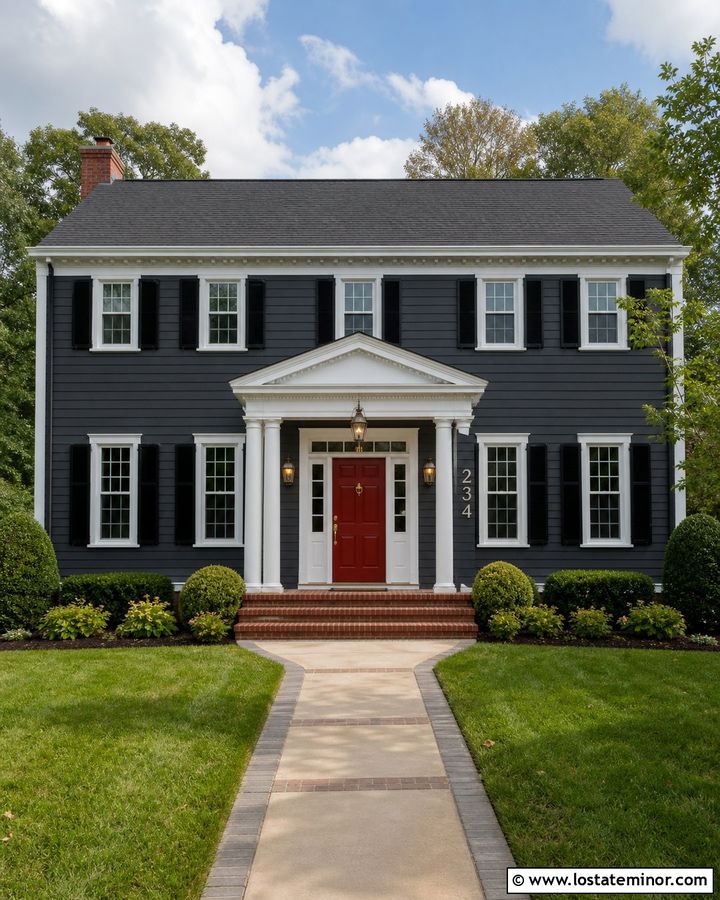Charcoal Grey House With Red Front Door And White Numbers - 30 Charcoal Grey House Design With House Numbers Ideas