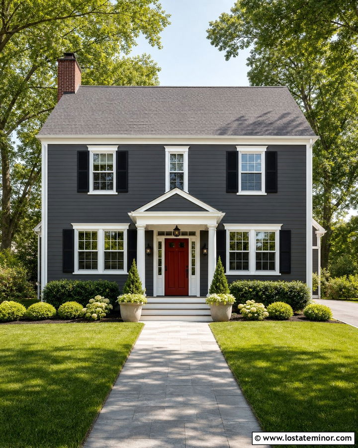 Charcoal Grey House With Red Front Door Lighting - 30 Charcoal Grey House Design With Lighting Ideas