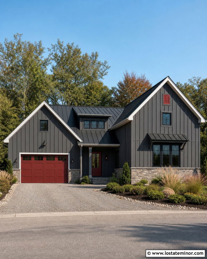 Charcoal Grey House With Red Garage Door - 30 Charcoal Grey House Design With Garage Door Ideas