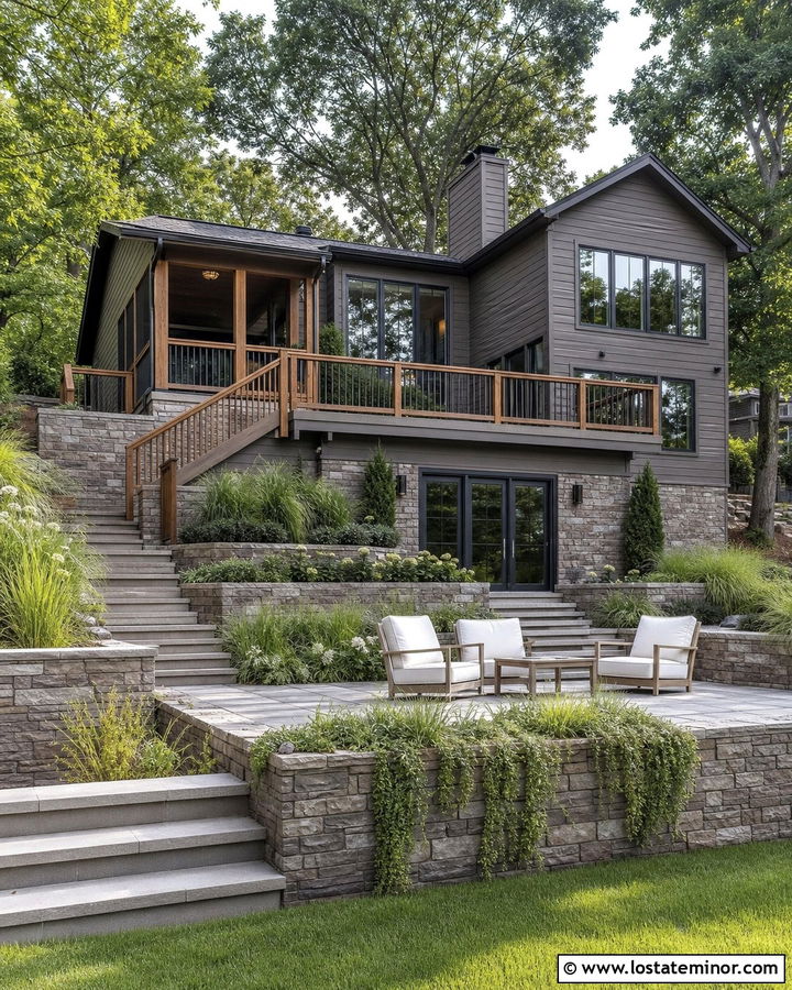 Charcoal Grey House With Retaining Wall Garden - 30 Charcoal Grey House Design With Backyard Ideas