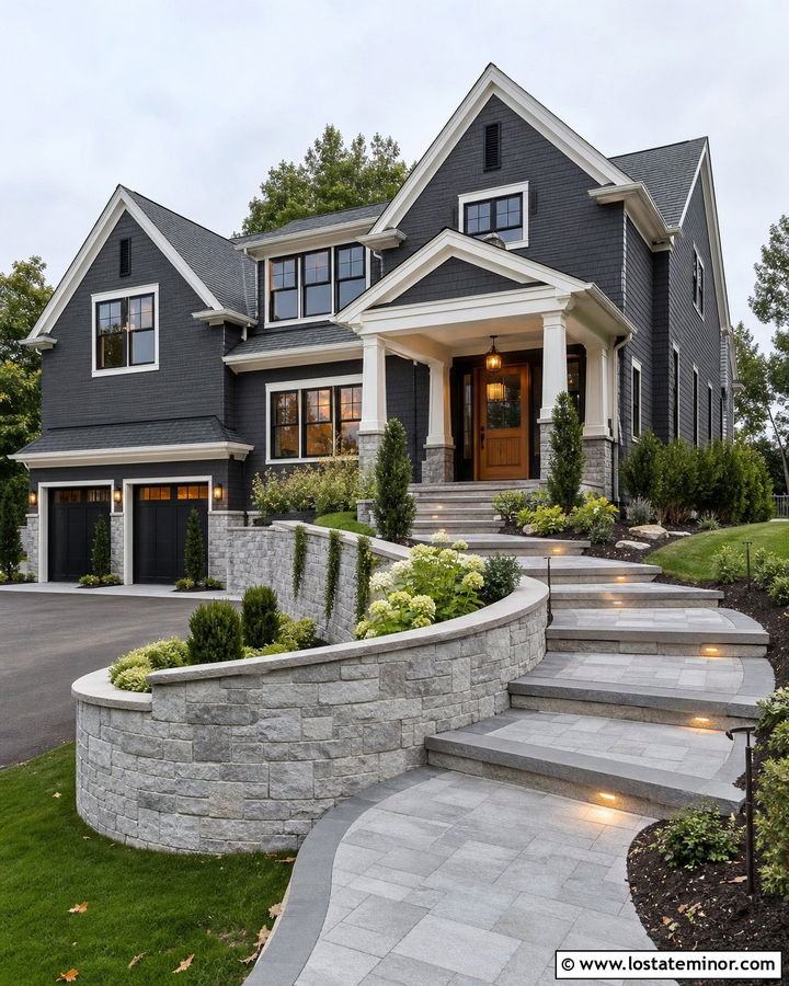 Charcoal Grey House With Retaining Wall Walkway - 30 Charcoal Grey House Design With Walkway Ideas
