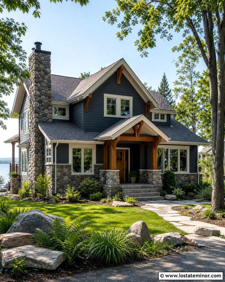 Charcoal Grey House With River Rock - 30 Charcoal Grey House Design With Stone Accents Ideas