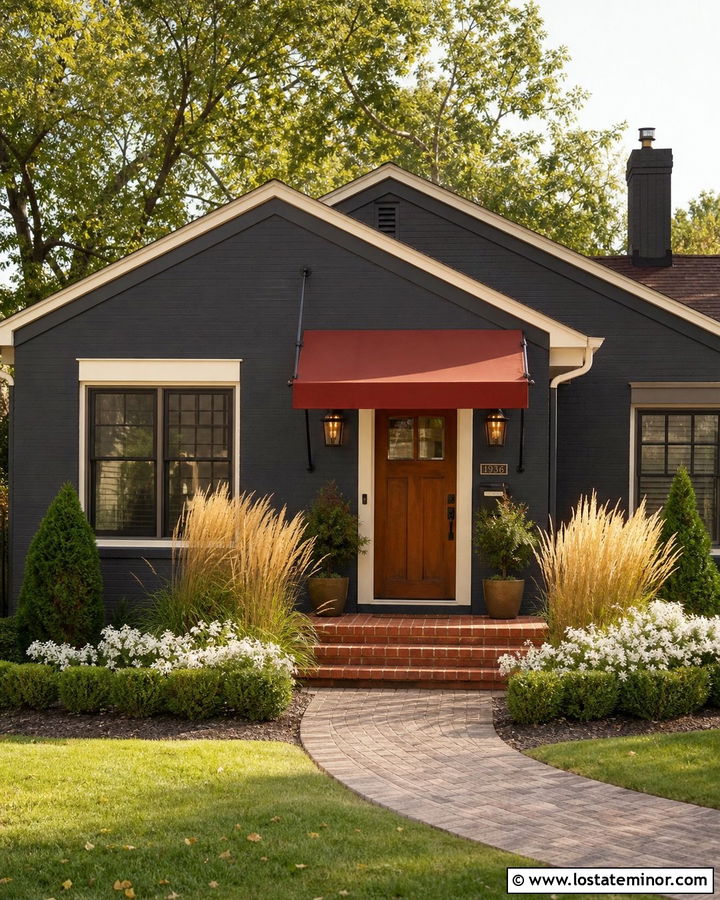 Charcoal Grey House With Rust Red Awning - 30 Charcoal Grey House Design With Awning Ideas