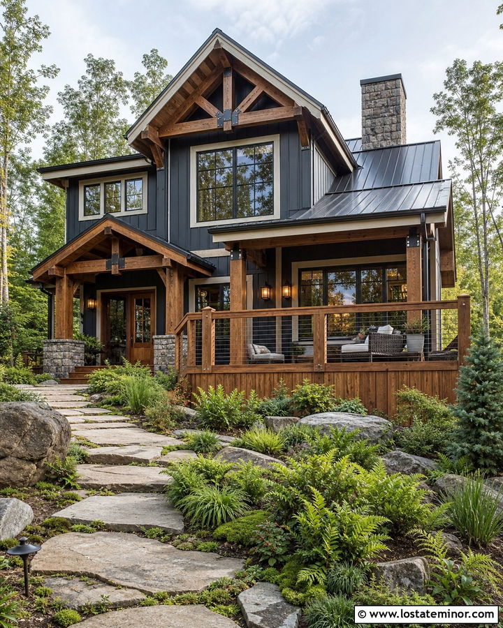 Charcoal Grey House With Rustic Deck - 30 Charcoal Grey House Design With Deck Ideas