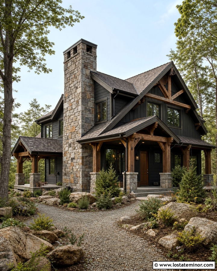 Charcoal Grey House With Rustic Stone Chimney - 30 Charcoal Grey House Design With Chimney Ideas