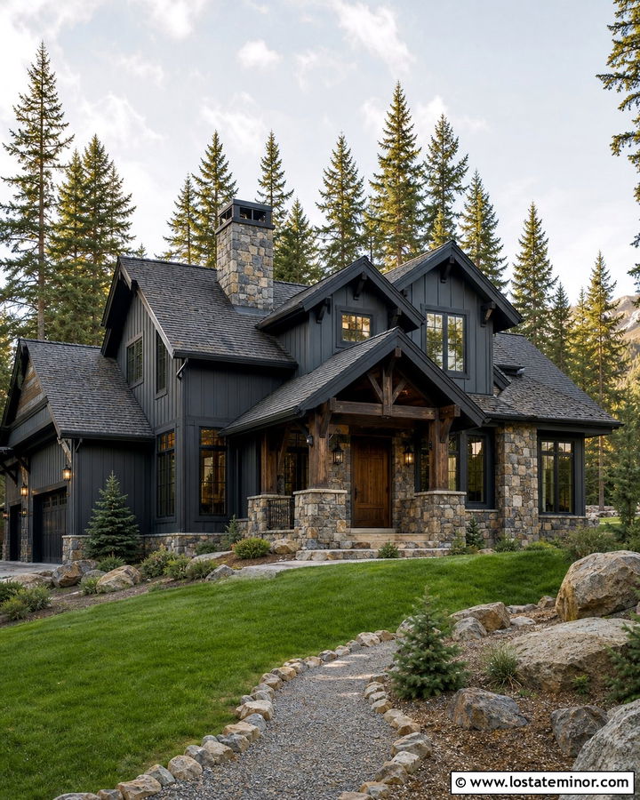 Charcoal Grey House With Rustic Stone - 30 Charcoal Grey House Design With Stone Accents Ideas