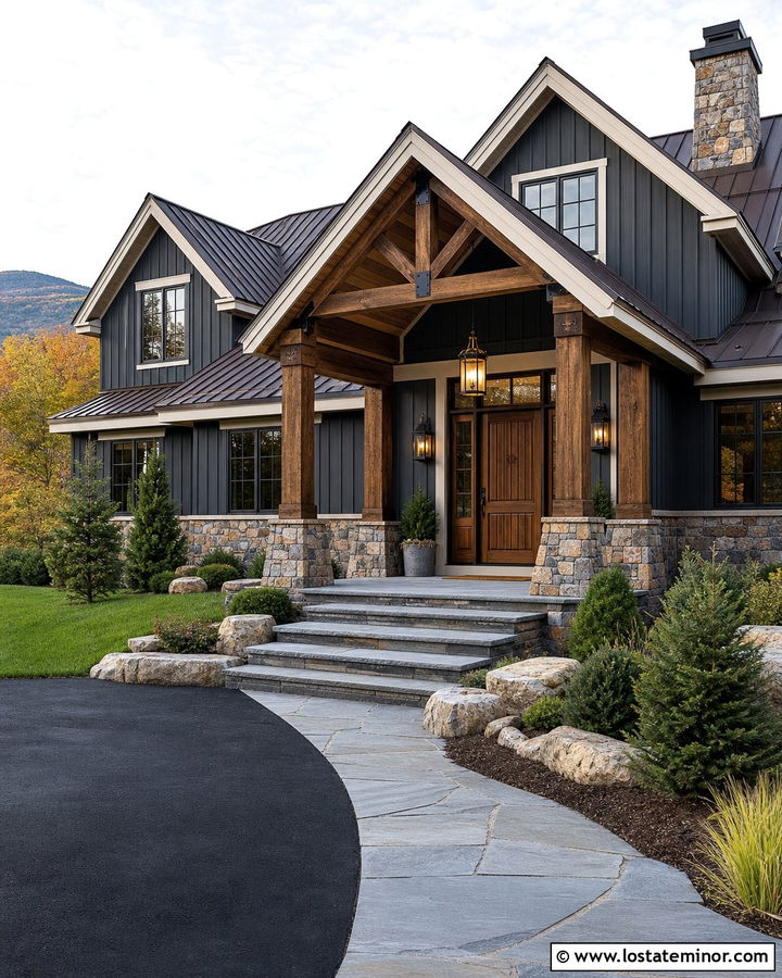 Charcoal Grey House With Rustic Wood Beam Lighting - 30 Charcoal Grey House Design With Lighting Ideas