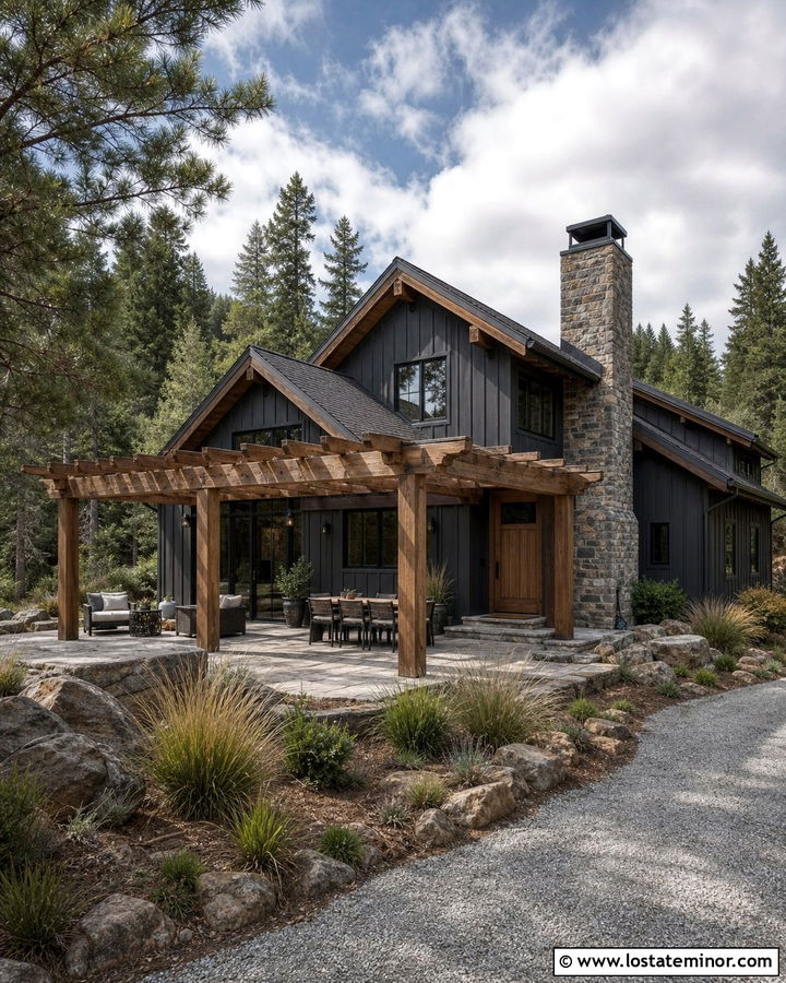 Charcoal Grey House With Rustic Wood Pergola - 30 Charcoal Grey House Design With Pergola Ideas