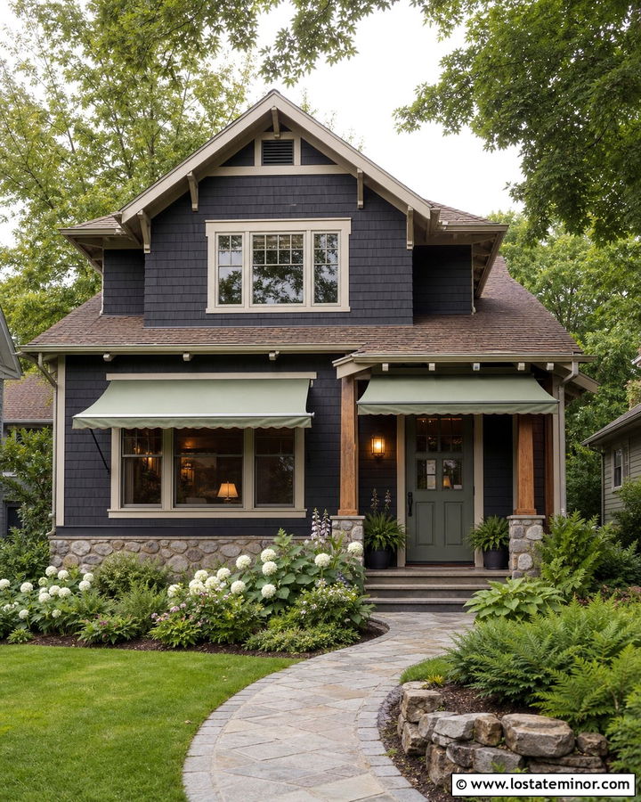 Charcoal Grey House With Sage Green Awning - 30 Charcoal Grey House Design With Awning Ideas