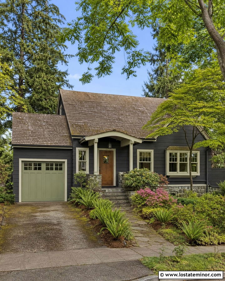 Charcoal Grey House With Sage Green Garage Door - 30 Charcoal Grey House Design With Garage Door Ideas