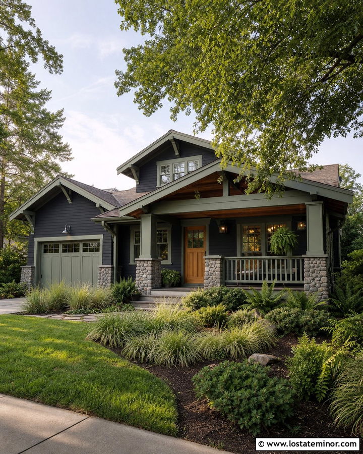 Charcoal Grey House With Sage Green Trim And Wood Door - 30 Charcoal Grey House Design With Trim Ideas