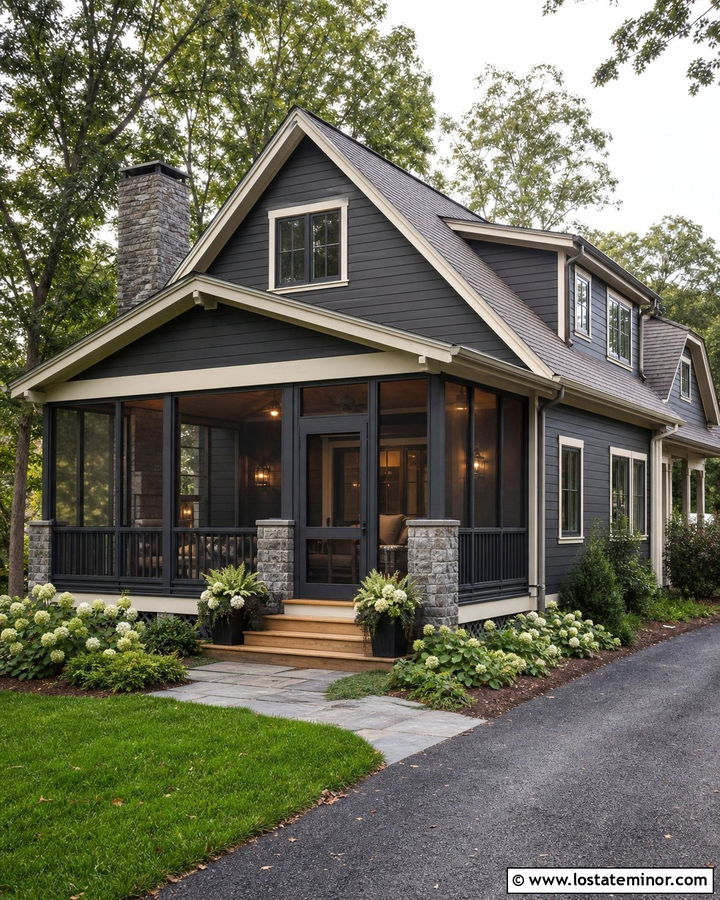 Charcoal Grey House With Screened Deck - 30 Charcoal Grey House Design With Deck Ideas