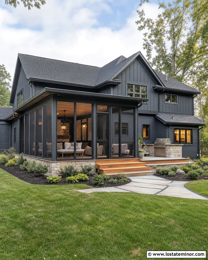Charcoal Grey House With Screened Porch - 30 Charcoal Grey House Design With Backyard Ideas