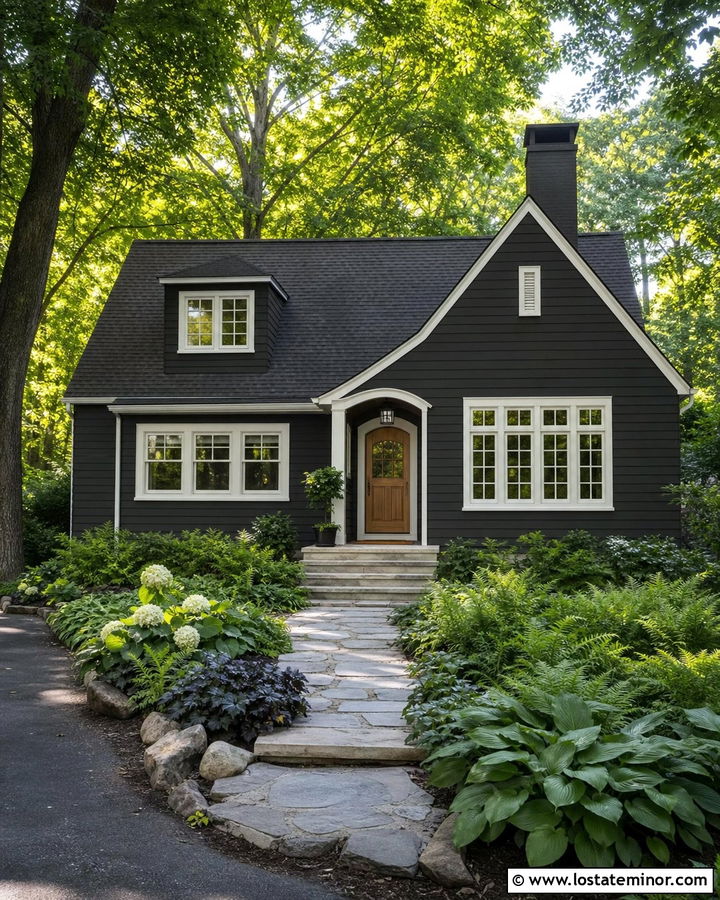 Charcoal Grey House With Shade Garden And Flagstone Path - 30 Charcoal Grey House Design With Front Yard Ideas