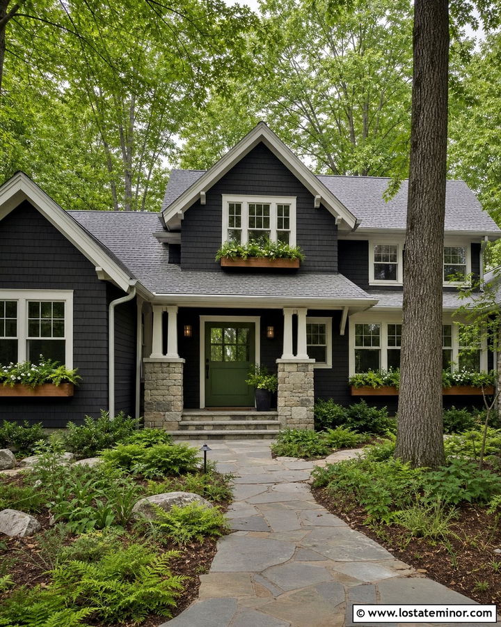 Charcoal Grey House With Shade Window Boxes - 30 Charcoal Grey House Design With Window Boxes Ideas