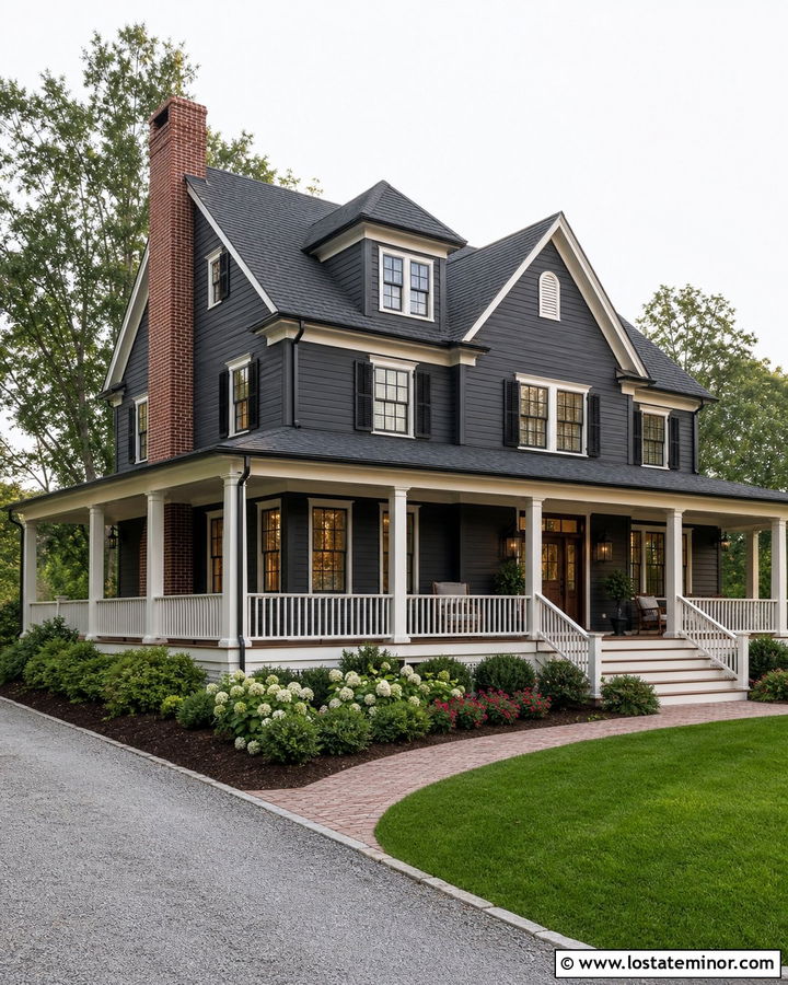 Charcoal Grey House With Side Chimney And Wraparound Porch - 30 Charcoal Grey House Design With Chimney Ideas