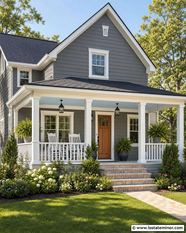 Charcoal Grey House With Sky Blue Beadboard Ceiling - 30 Charcoal Grey House Design With Porch Ceiling Ideas