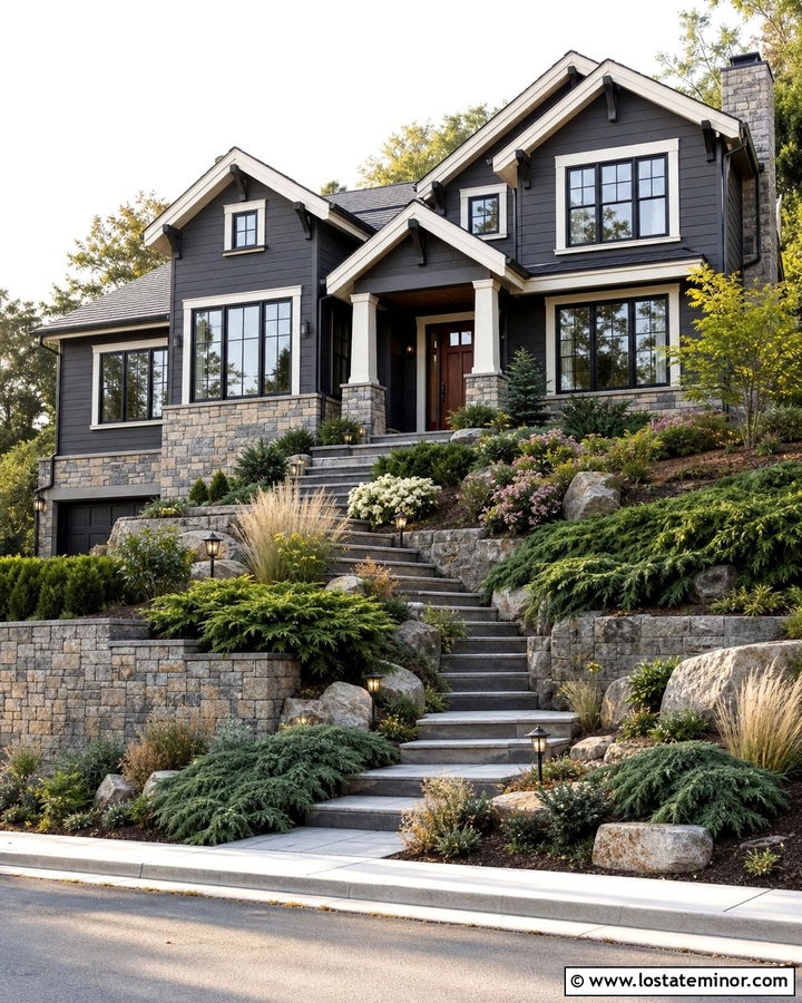Charcoal Grey House With Sloped Front Yard Retaining Walls - 30 Charcoal Grey House Design With Front Yard Ideas