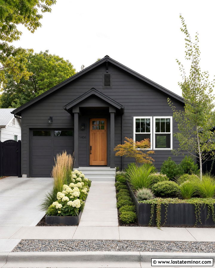 Charcoal Grey House With Small Front Yard Planters - 30 Charcoal Grey House Design With Front Yard Ideas