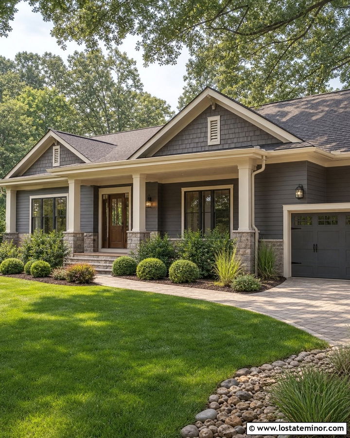 Charcoal Grey House With Soft Greige Porch Ceiling - 30 Charcoal Grey House Design With Porch Ceiling Ideas