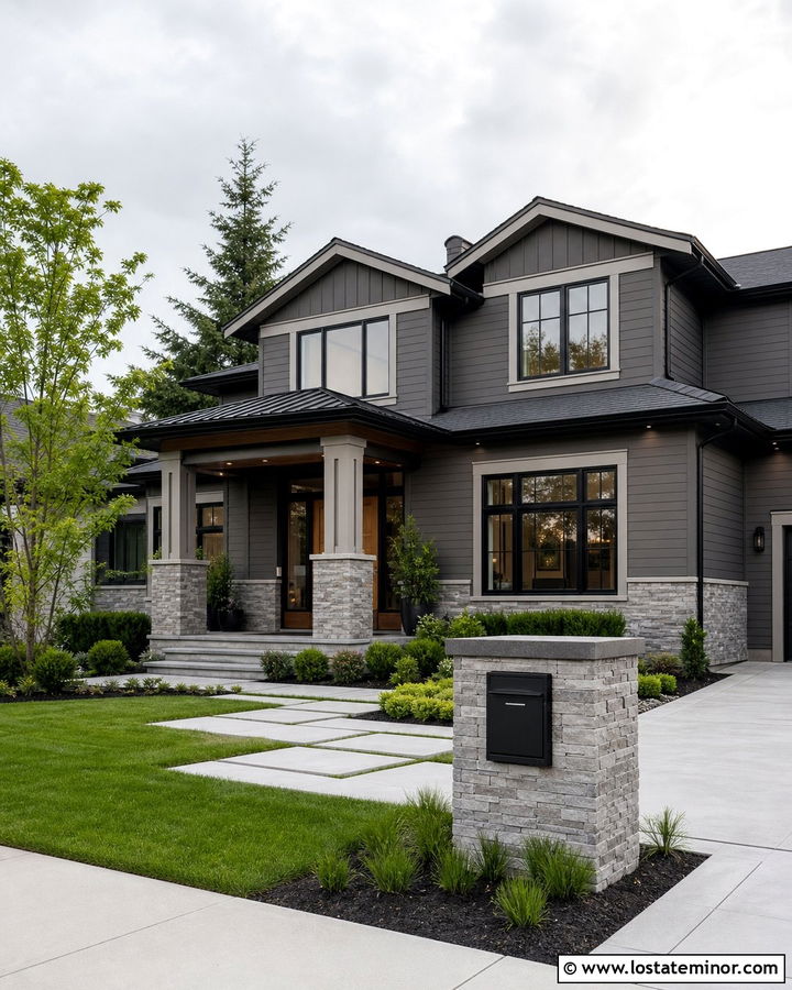 Charcoal Grey House With Stacked Stone Mailbox - 30 Charcoal Grey House Design With Mailbox Ideas