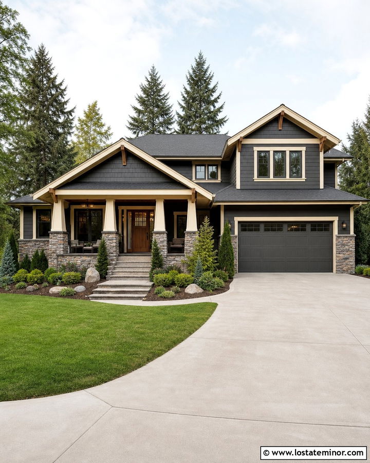 Charcoal Grey House With Stacked Stone Wainscoting - 30 Charcoal Grey House Design With Wainscoting Ideas