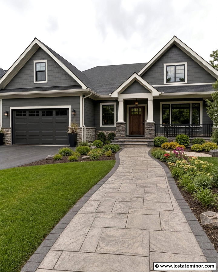 Charcoal Grey House With Stamped Concrete Walkway - 30 Charcoal Grey House Design With Walkway Ideas