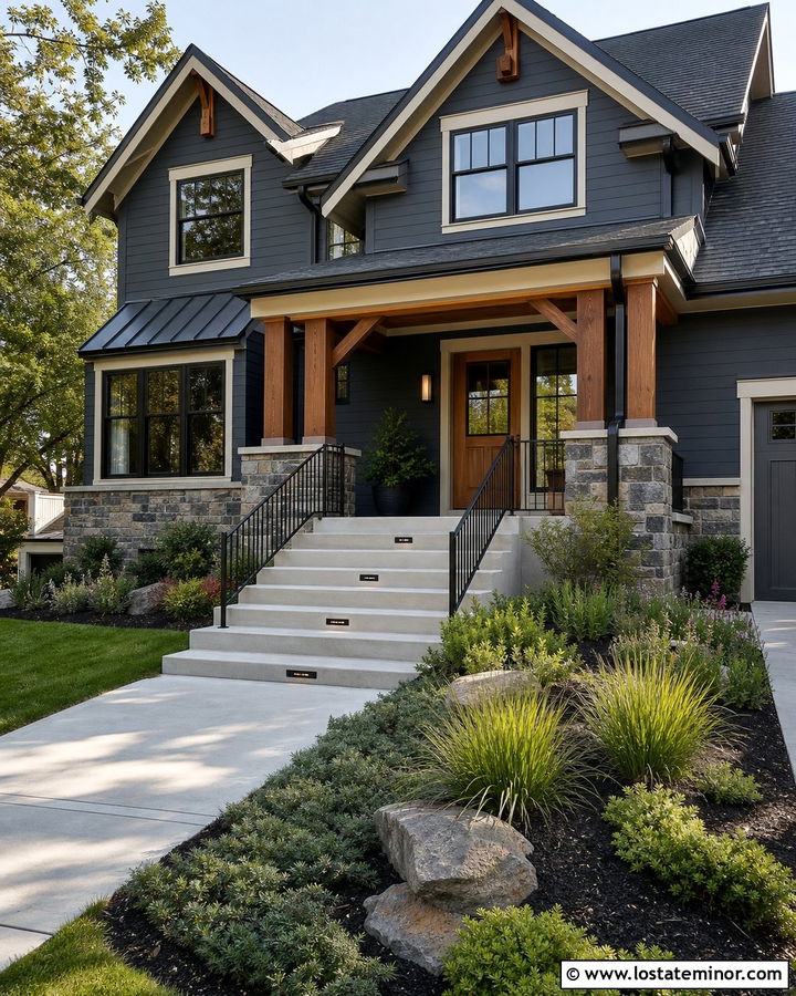 Charcoal Grey House With Step Lighting - 30 Charcoal Grey House Design With Steps Ideas