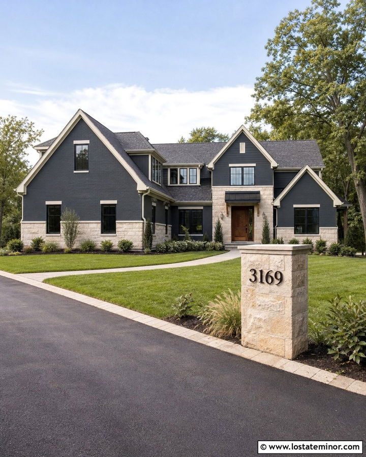 Charcoal Grey House With Stone Address Column - 30 Charcoal Grey House Design With House Numbers Ideas