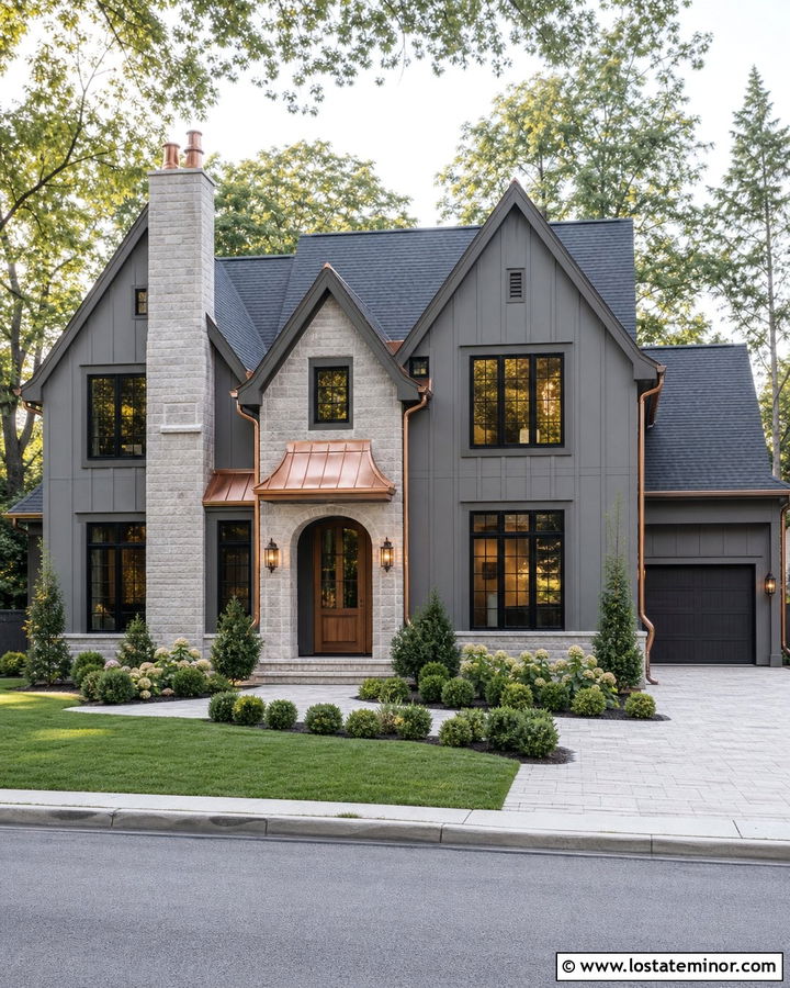 Charcoal Grey House With Stone And Copper Details - 30 Charcoal Grey House Design With Stone Accents Ideas