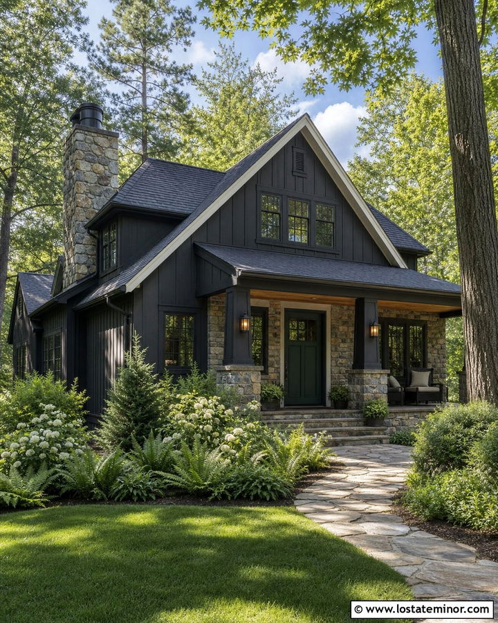 Charcoal Grey House With Stone And Green Door - 30 Charcoal Grey House Design With Stone Accents Ideas