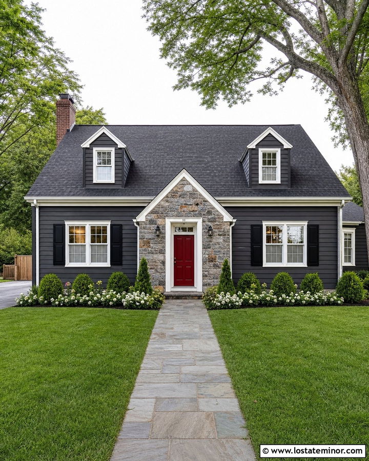 Charcoal Grey House With Stone And Red Door - 30 Charcoal Grey House Design With Stone Accents Ideas