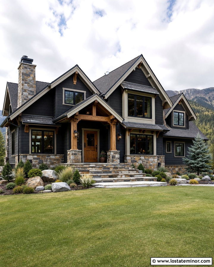 Charcoal Grey House With Stone And Wood Dutch Door - 30 Charcoal Grey House Design With Dutch Door Ideas
