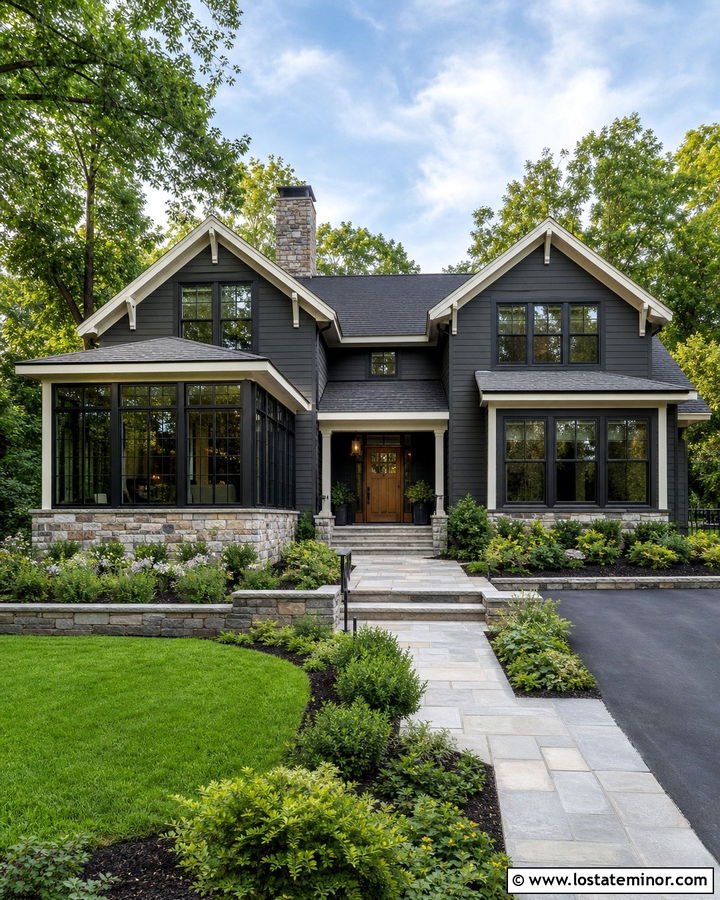 Charcoal Grey House With Stone Base Sunroom - 30 Charcoal Grey House Design With Sunroom Ideas