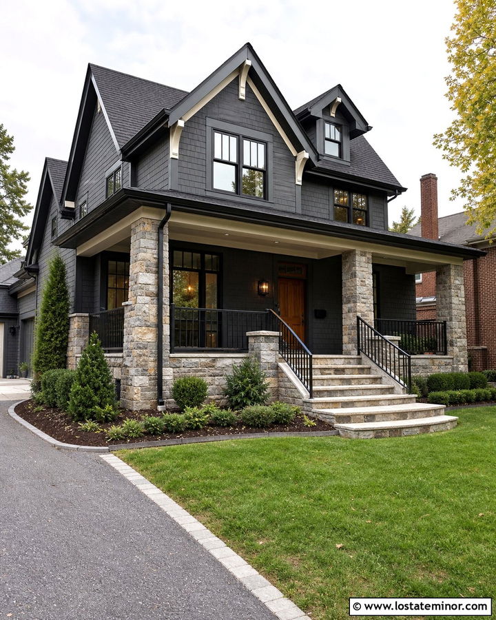 Charcoal Grey House With Stone Columns And Black Railings - 30 Charcoal Grey House Design With Railings Ideas