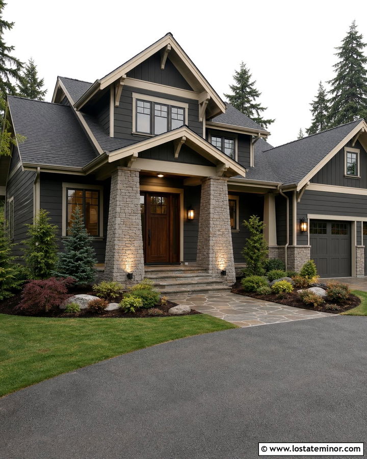 Charcoal Grey House With Stone Columns And Uplights - 30 Charcoal Grey House Design With Lighting Ideas