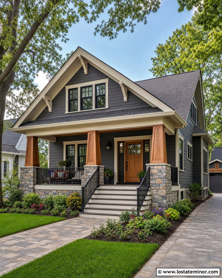 Charcoal Grey House With Stone Columns - 30 Charcoal Grey House Design With Stone Accents Ideas